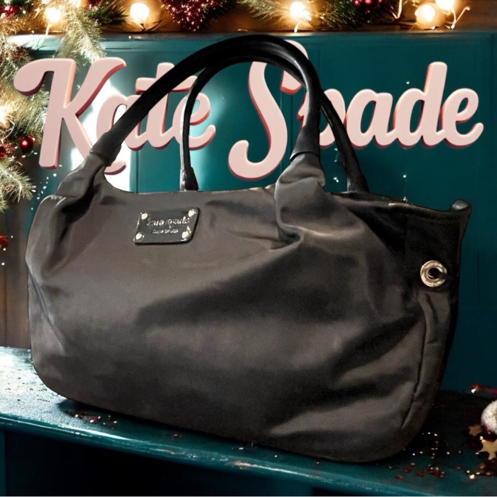 Kate Spade Baxter Stevie Black Nylon Leather Satchel Handbag NWOT Approx 15”x 8”